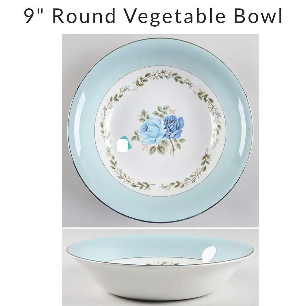 Vintage Barratts Ironstone Vegetable Bowl Blue Rose Pattern 9 Inch Round